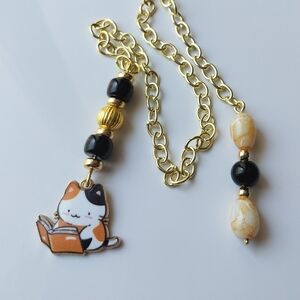 Cute Reading Calico Cat Bookmark Beaded Gold Tone Chain Bible Journal Cat Mom